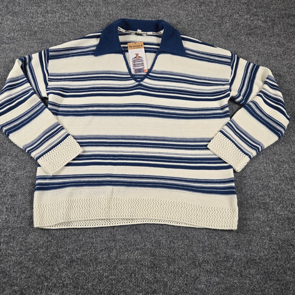 Bearpaw Sweater Women Medium Blue NWT Striped Collar V-Neck Pullover